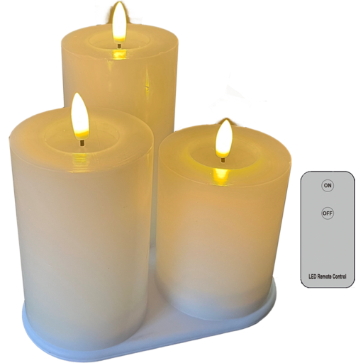 Genopladelige LED vokslys 3D flamme sæt 3 stk