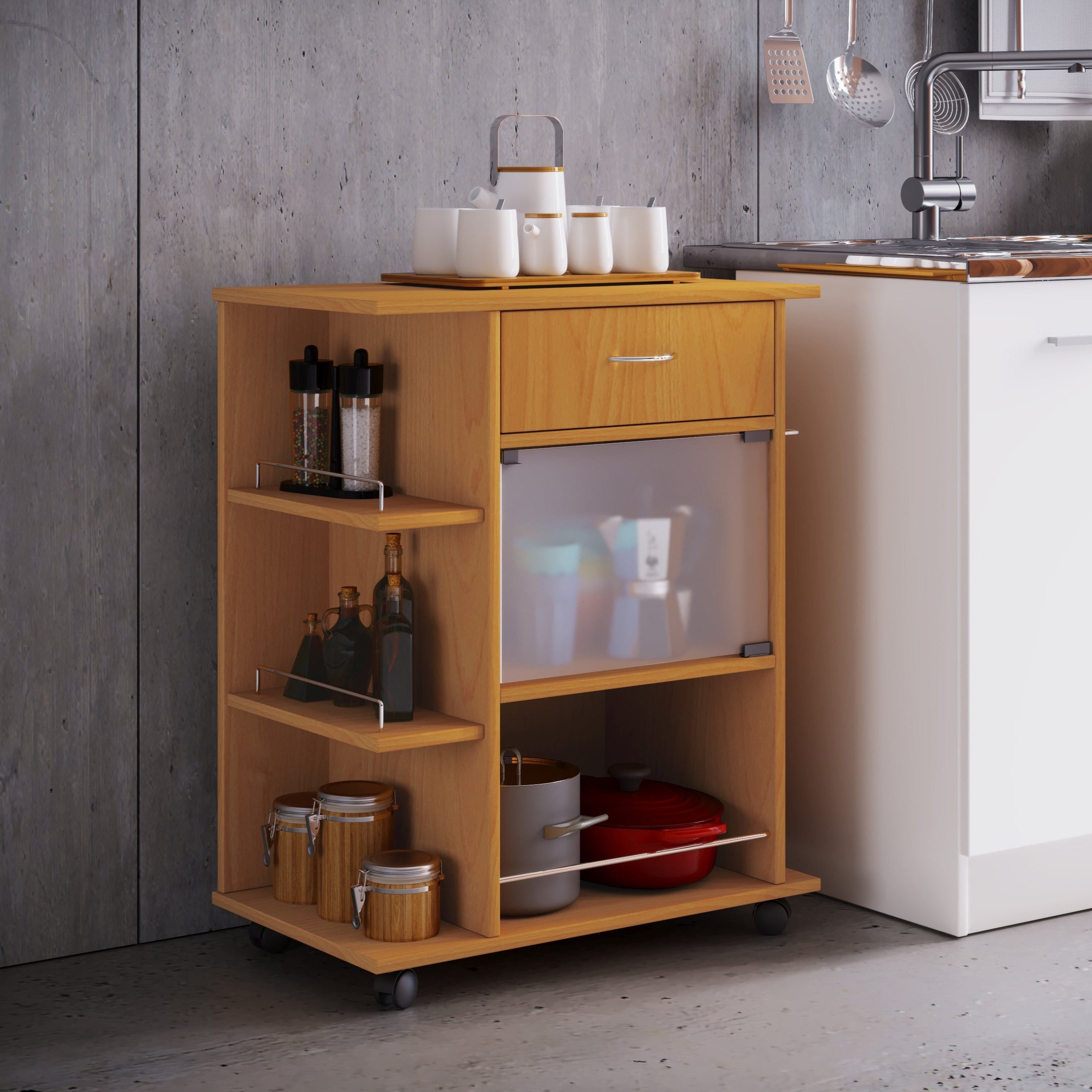 Køkkenvogn med 3 skuffer og ekstra bordplads, naturfarvet bøg Naturfarvet