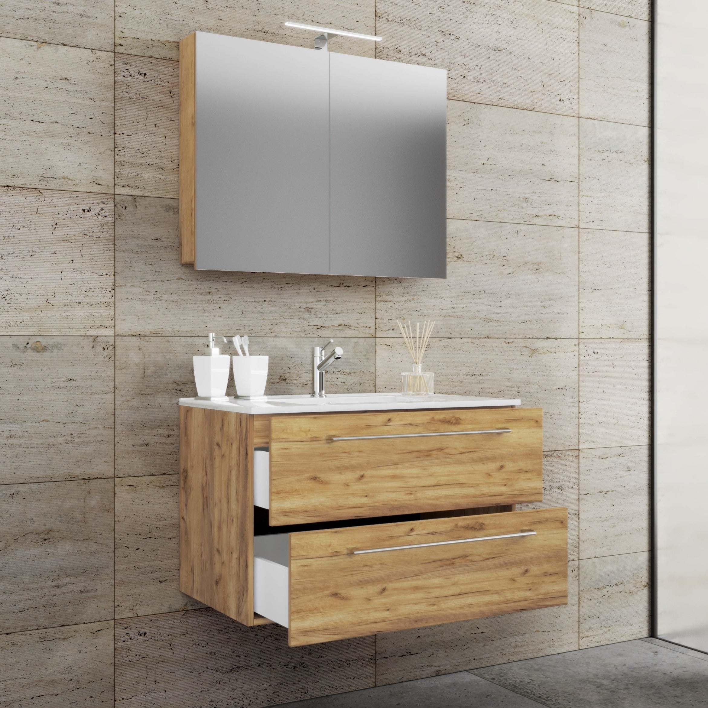 Underskab med keramisk vask og spejl, 50 x 80 x 46 cm, farve: naturfarvet honning eg Naturfarvet