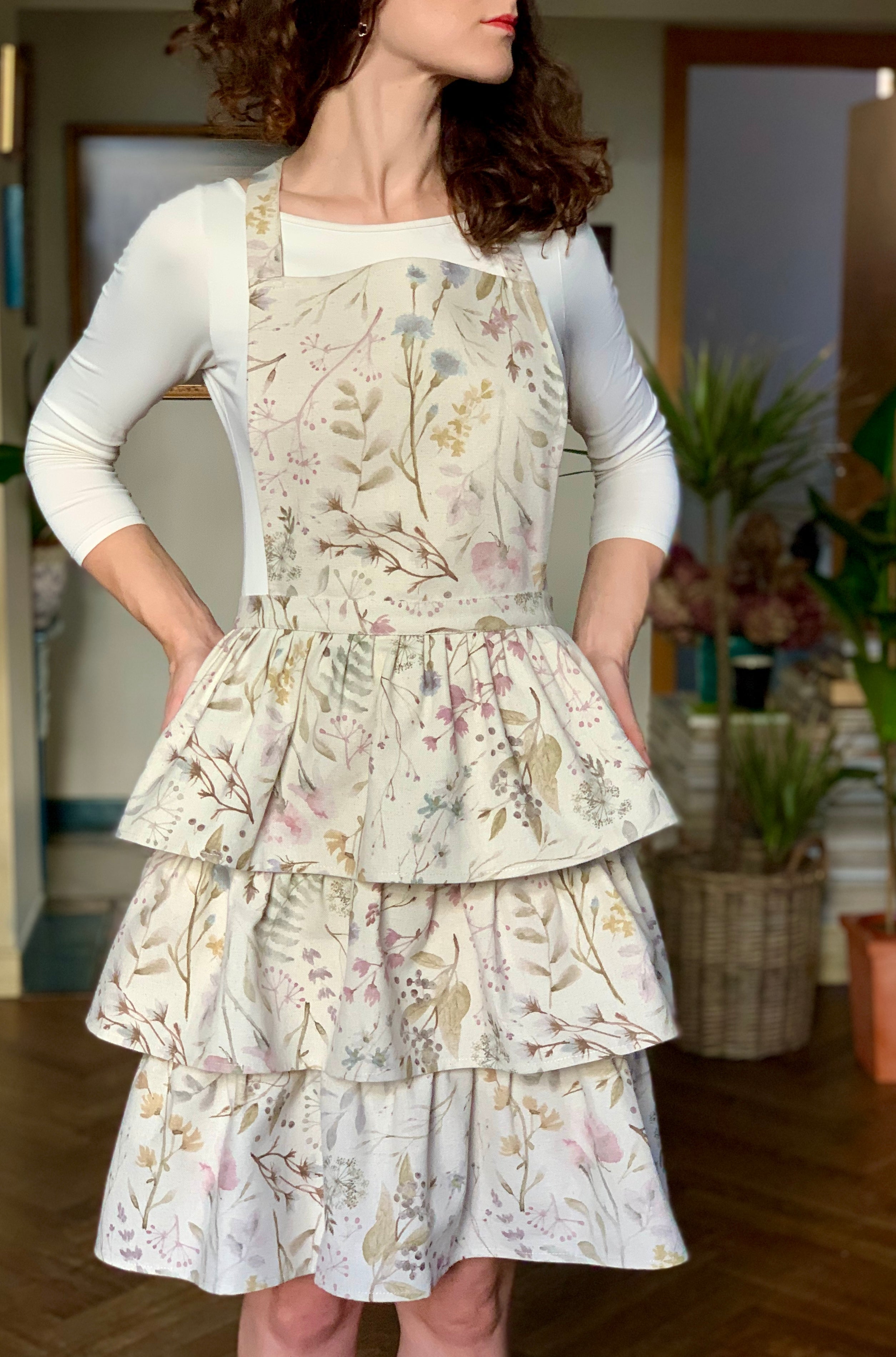 Flæseforklæde til kvinder i bomuld-hør-mix, printet, Aitana kollektion