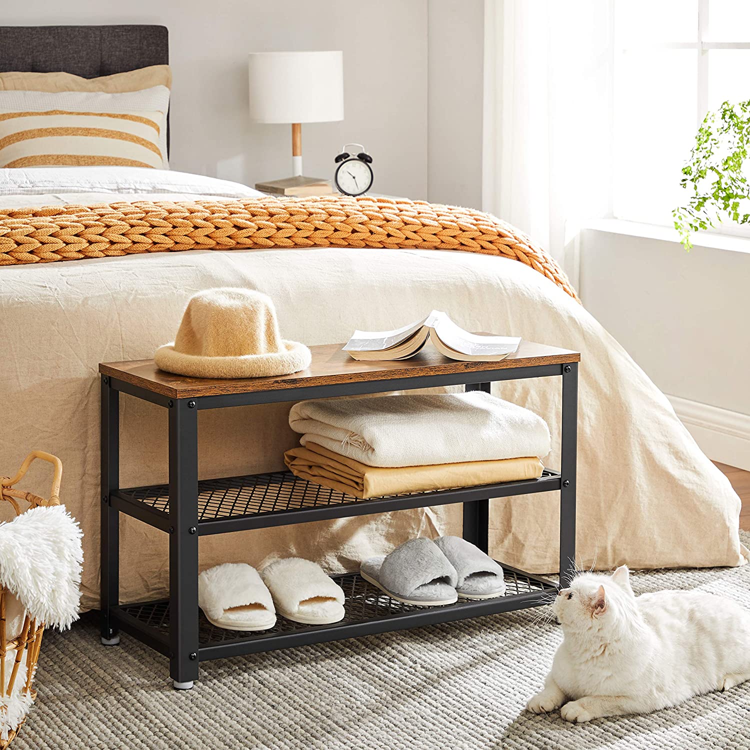 Skobænk med 2 trådhylder, 73x30x45 cm, brun Brun