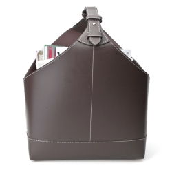 Magasinholder - mørk brun med hvide syninger